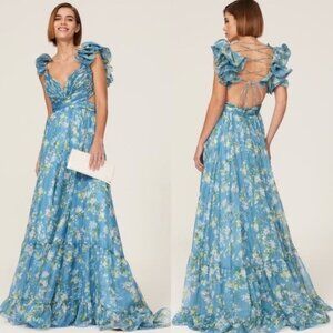 Ieena Mac Duggal Ruffle Tiered Floral Cutout Chiffon Gown 10 Blue Lace Up